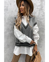Azura Exchange Gray V Neck Contrast Stripes Trims Short Sleeve Sweater - M