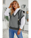Azura Exchange Gray V Neck Contrast Stripes Trims Short Sleeve Sweater - M
