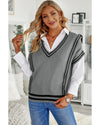 Azura Exchange Gray V Neck Contrast Stripes Trims Short Sleeve Sweater - M