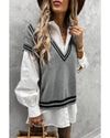 Azura Exchange Gray V Neck Contrast Stripes Trims Short Sleeve Sweater - XL