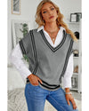 Azura Exchange Gray V Neck Contrast Stripes Trims Short Sleeve Sweater - XL