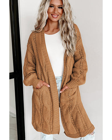 Azura Exchange Khaki Ribbed Trim Eyelet Cable Knit Cardigan - 2XL