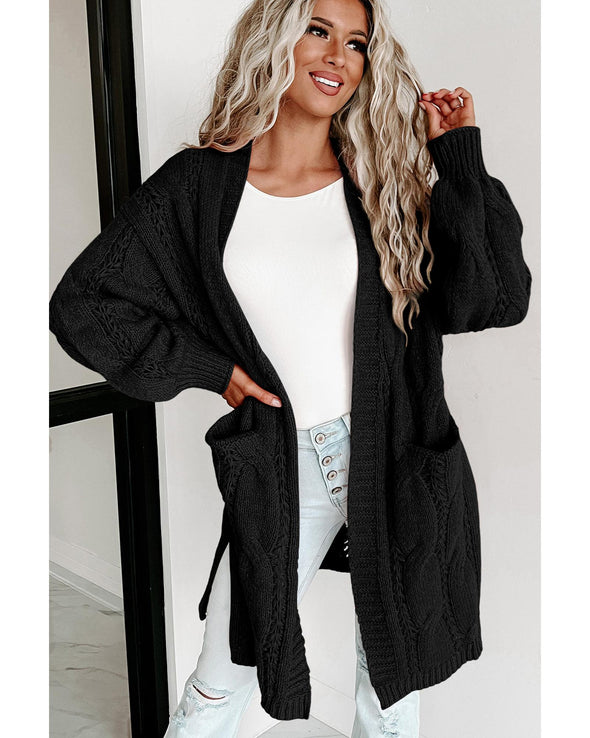 Black Ribbed Trim Eyelet Cable Knit Cardigan - S