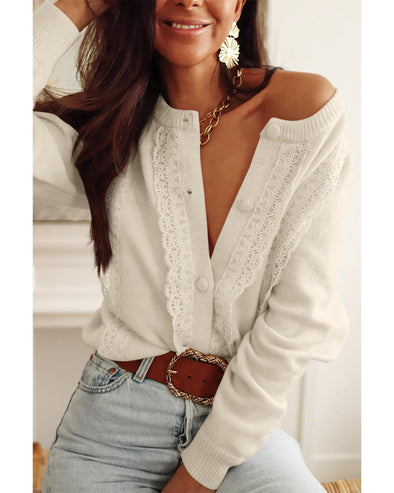 Apricot Lace Trim Ribbed Round Neck Button Up Cardigan - L
