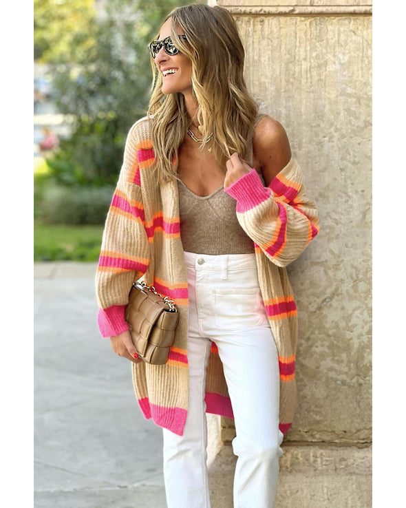 Stripe Printed Ribbed Long Knitted Cardigan - M
