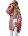 Medium Grey Stripe Printed Ribbed Long Knitted Cardigan - L