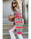 Medium Grey Stripe Printed Ribbed Long Knitted Cardigan - L