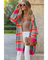 Medium Grey Stripe Printed Ribbed Long Knitted Cardigan - L