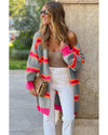 Medium Grey Stripe Printed Ribbed Long Knitted Cardigan - L