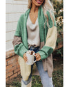Green Colorblock Draped Open Front Chunky Cardigan - L