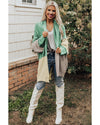 Green Colorblock Draped Open Front Chunky Cardigan - L