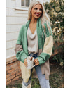 Green Colorblock Draped Open Front Chunky Cardigan - L