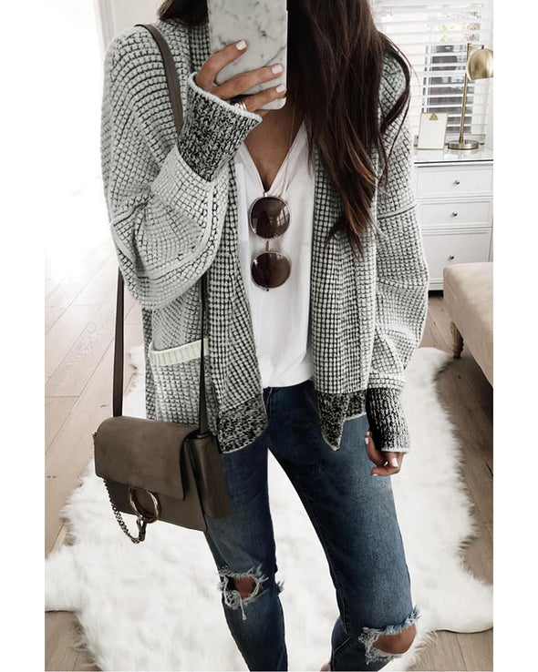 Gray Chunky Waffle Knit Oversized Collar Cardigan - L