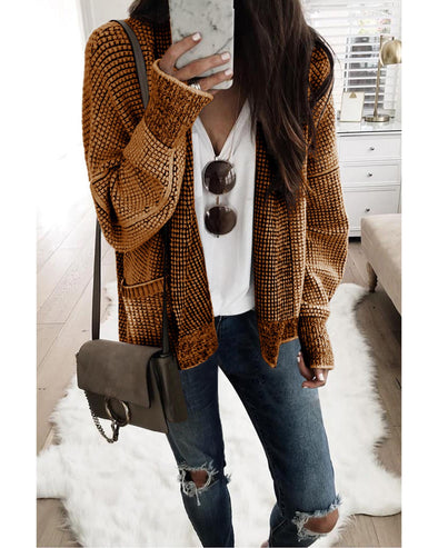 Brown Chunky Waffle Knit Oversized Collar Cardigan - 2XL