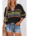 Black Striped Detail Zip Up Hooded Sweater Cardigan - S