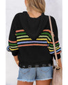 Black Striped Detail Zip Up Hooded Sweater Cardigan - S