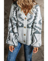 Light Grey Geometric Pattern Ribbed Trim Button-Up Cardigan - L