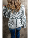 Light Grey Geometric Pattern Ribbed Trim Button-Up Cardigan - XL
