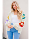 White Flower Jacquared Bubble Sleeve Open Cardigan - XL