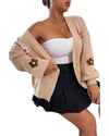 Smoke Gray Floral Applique Drop Shoulder Bubble Sleeve Cardigan - M