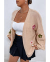 Smoke Gray Floral Applique Drop Shoulder Bubble Sleeve Cardigan - M