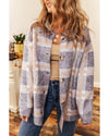 Sky Blue Fuzzy Plaid Collared Button Up Cardigan - L