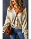 Beige Plain Knitted Buttoned V Neck Cardigan - L
