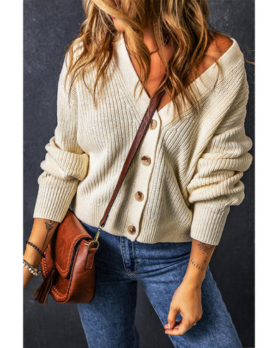 Beige Plain Knitted Buttoned V Neck Cardigan - M