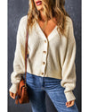Beige Plain Knitted Buttoned V Neck Cardigan - M