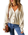 Beige Plain Knitted Buttoned V Neck Cardigan - M