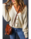Beige Plain Knitted Buttoned V Neck Cardigan - M
