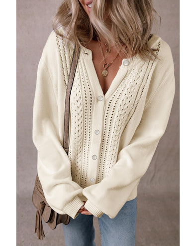 Apricot Pleated Sleeve Hollow Detail Button Sweater Cardigan - L
