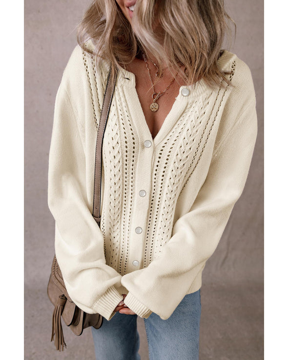 Apricot Pleated Sleeve Hollow Detail Button Sweater Cardigan - L