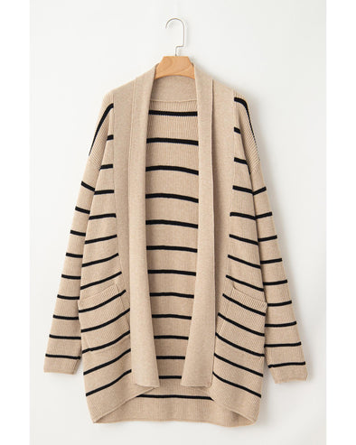 Black Stripe Shawl Neckline Open Cardigan with Pockets - 2XL
