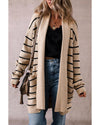 Black Stripe Shawl Neckline Open Cardigan with Pockets - 2XL