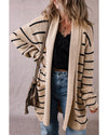 Black Stripe Shawl Neckline Open Cardigan with Pockets - M