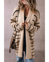 Black Stripe Shawl Neckline Open Cardigan with Pockets - S