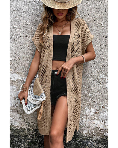 Camel Batwing Sleeve Pointelle Knit Open Front Cardigan - S