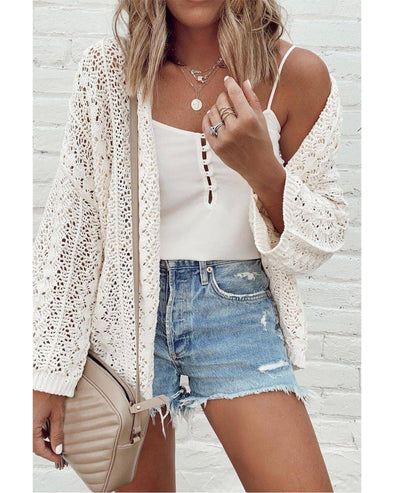 White Stylish Hollow Out Knit Drop Shoulder Cardigan - M