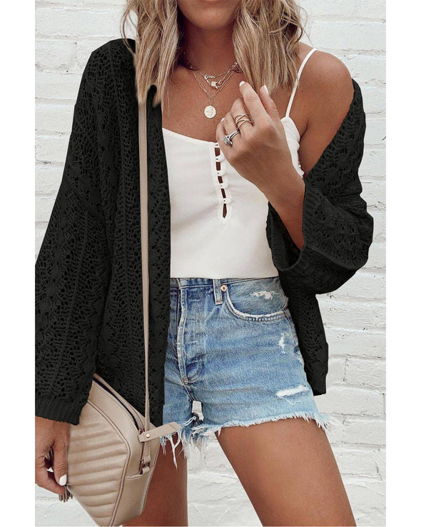Black Hollow Out Knit Drop Shoulder Open Front Cardigan - M