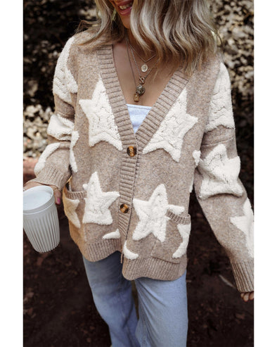 Khaki Sherpa Star Pattern Textured Sweater Cardigan with Pockets - L