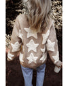 Khaki Sherpa Star Pattern Textured Sweater Cardigan with Pockets - L
