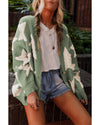 Green Sherpa Star Pattern Textured Sweater Cardigan with Pockets - XL