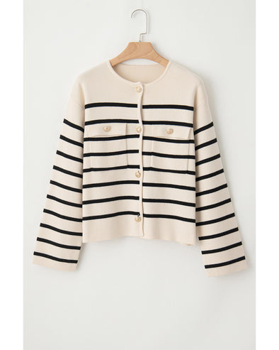 Black Stripe Flap Pocket Buttoned Cardigan Sweater - L