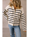 Black Stripe Flap Pocket Buttoned Cardigan Sweater - M