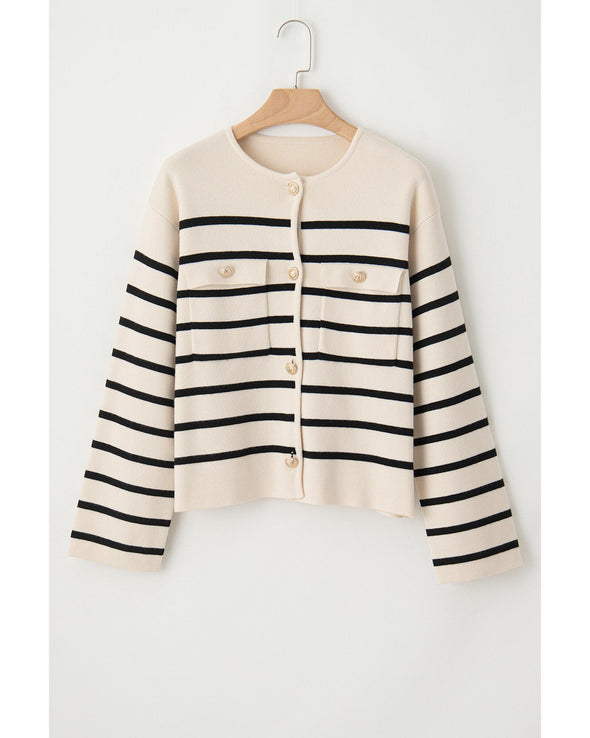 Black Stripe Flap Pocket Buttoned Cardigan Sweater - XL