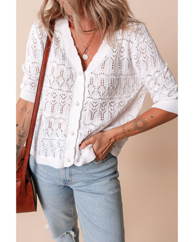 White Frenchy Hollow Out Knitted V Neck Cardigan - XL