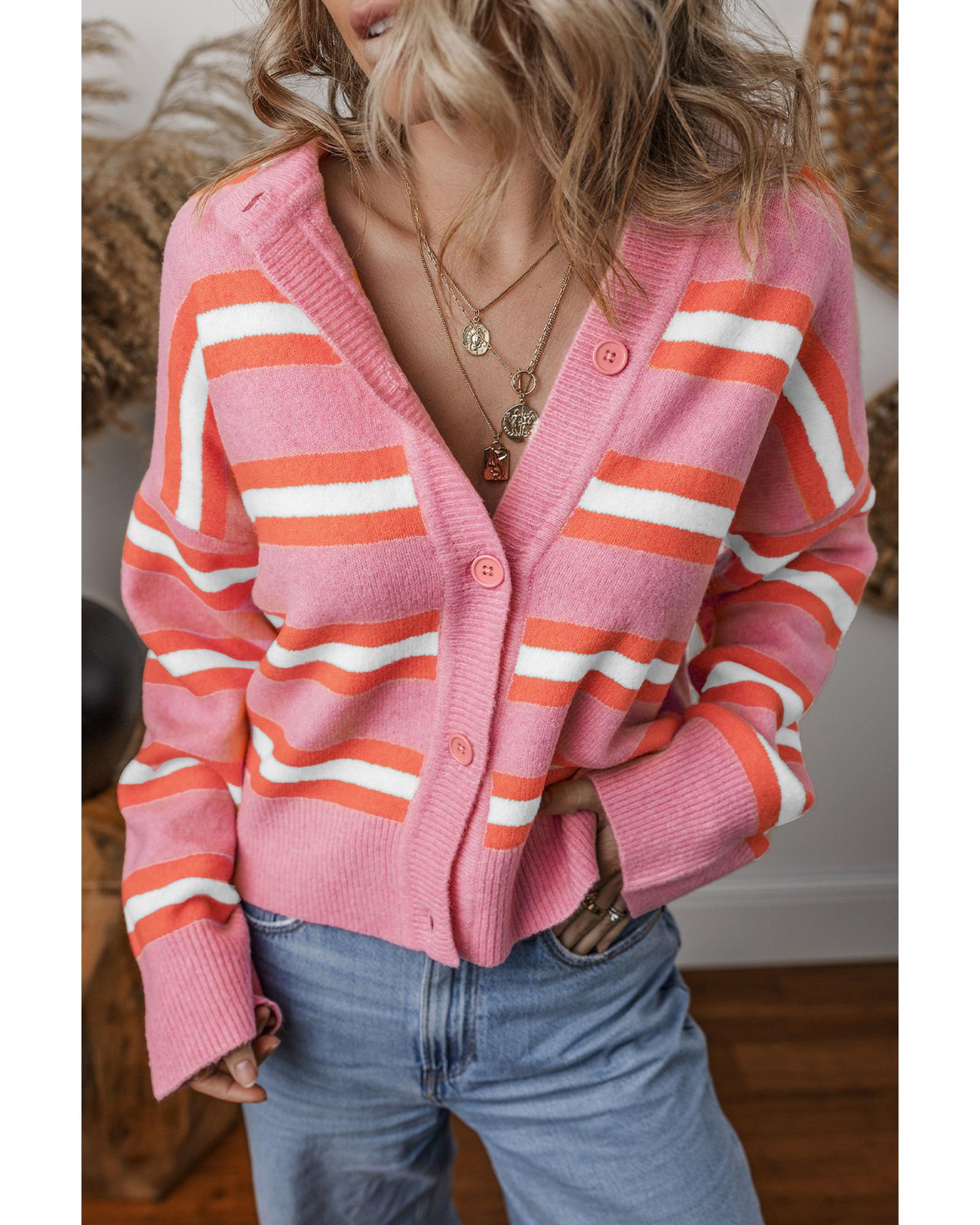 Pink Stripe Drop Shoulder Buttons Cardigan Sweater - S