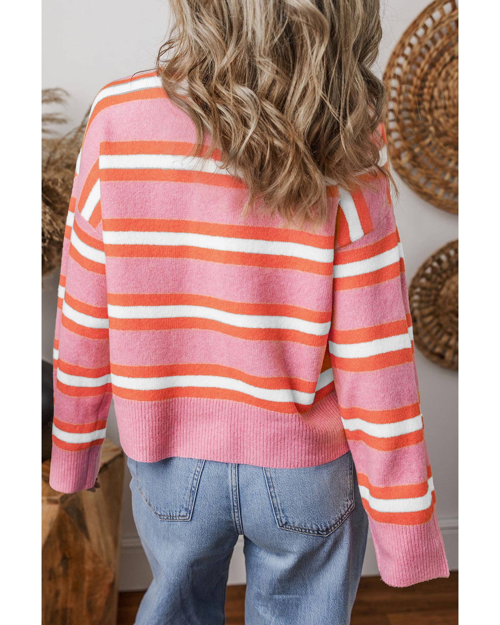 Pink Stripe Drop Shoulder Buttons Cardigan Sweater - S