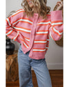 Pink Stripe Drop Shoulder Buttons Cardigan Sweater - S